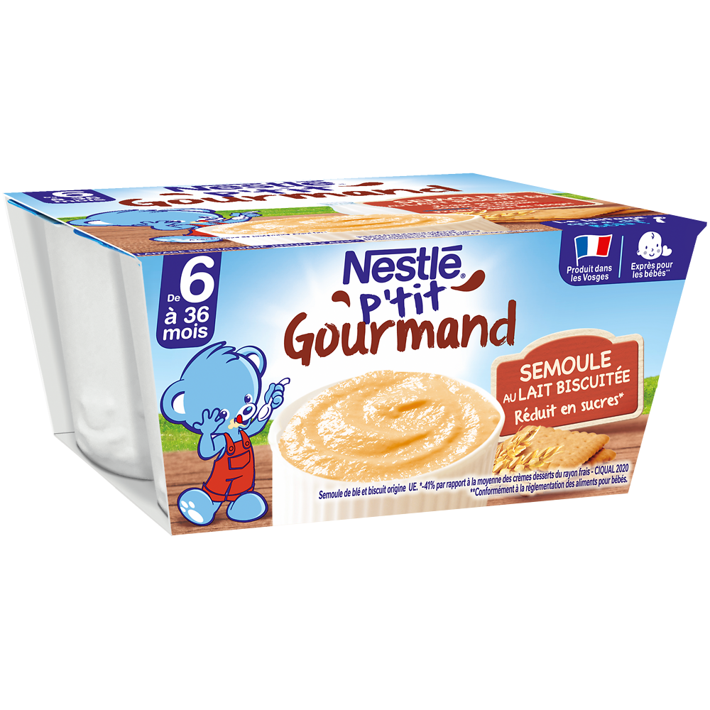 Desserts lactés P'TIT GOURMAND Semoule au lait biscuitée 6M+ NESTLE -4x100g