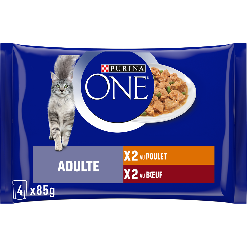 Sachets fraîcheur pour chat adulte émincés de poulet et de boeuf PURINA ONE, 4x85g