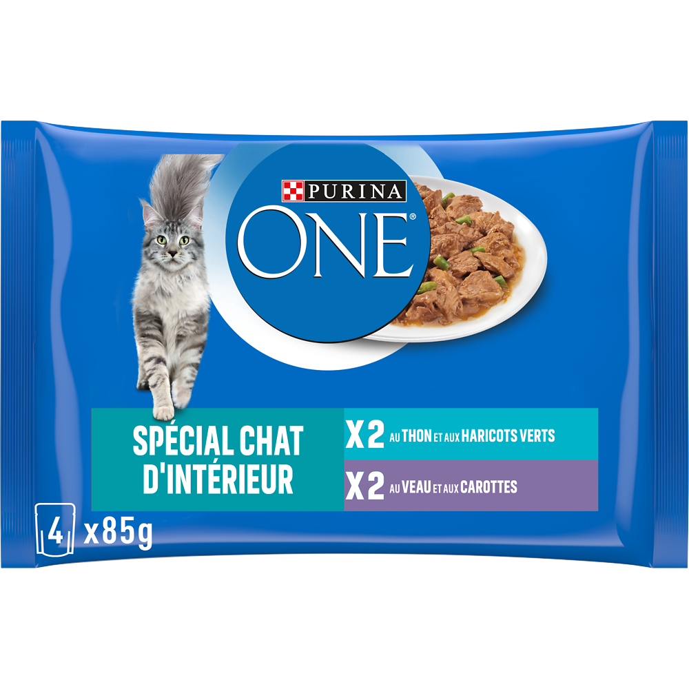 Sachets fraîcheur pour chat adulte d'intérieur effilés de thon et de veau PURINA ONE, 4x85g