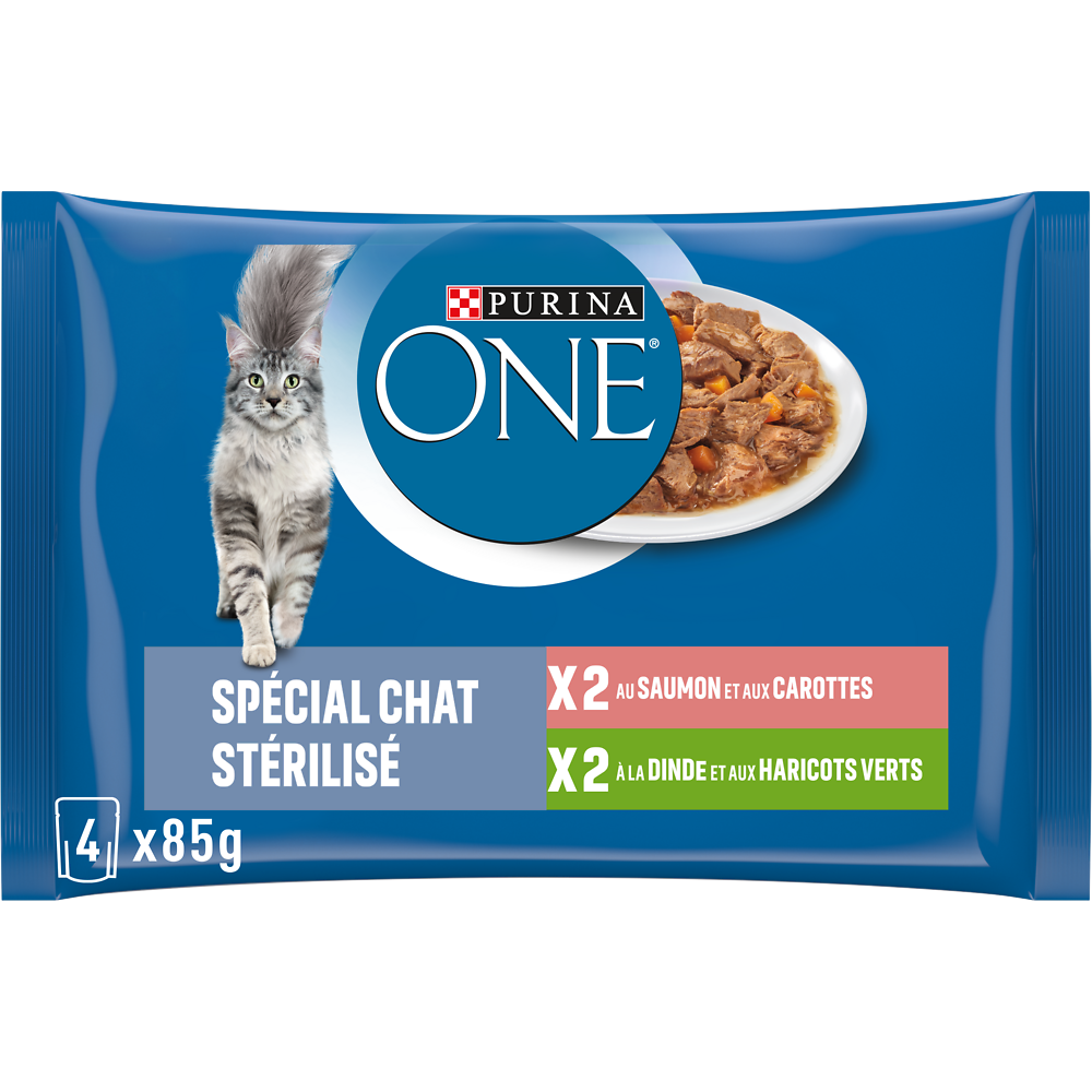 Sachets fraîcheur pour chat stérilisé effilés de saumon et de dinde PURINA ONE, 4x85g