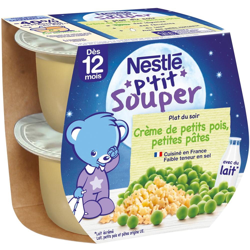 Repas du soir P'TIT SOUPER Petits pois et pâtes 12M+ NESTLE - 2x200g