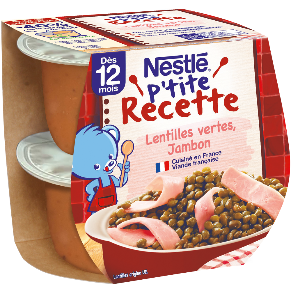 Plats complets P'TITE RECETTE Lentilles vertes jambon 12M+ NESTLE - 2x200g