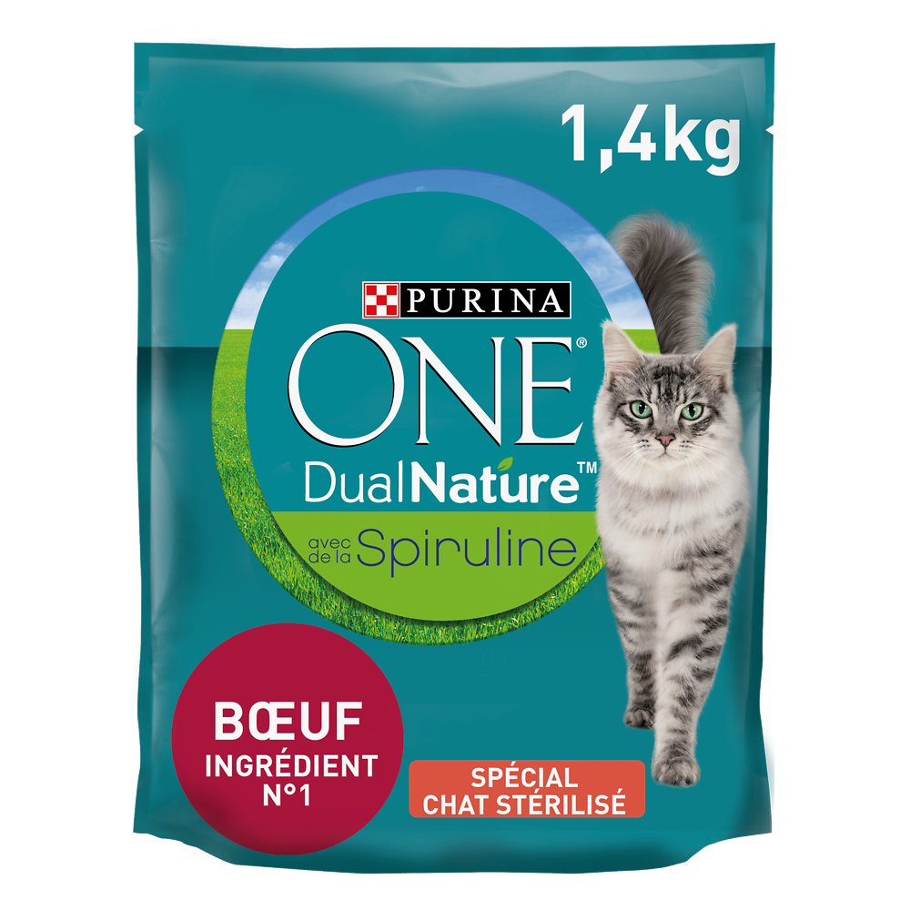 Croquettes pour chat stérilisé DUALNATURE Spiruline, Boeuf PURINA ONE- 1,4kg