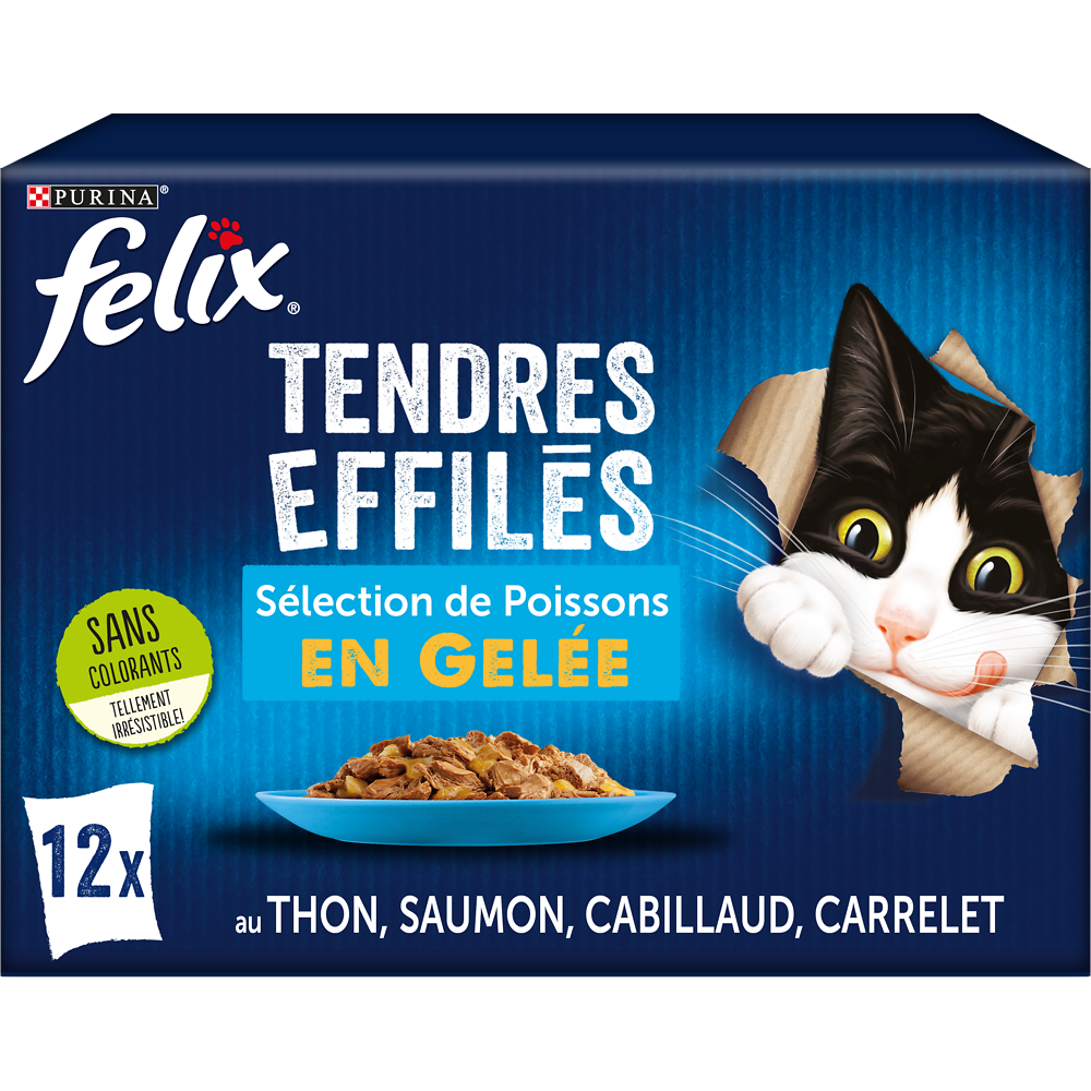 Sachets fraîcheur pour chat Tendres Effilés en Gelée Poissons FELIX -12x85g