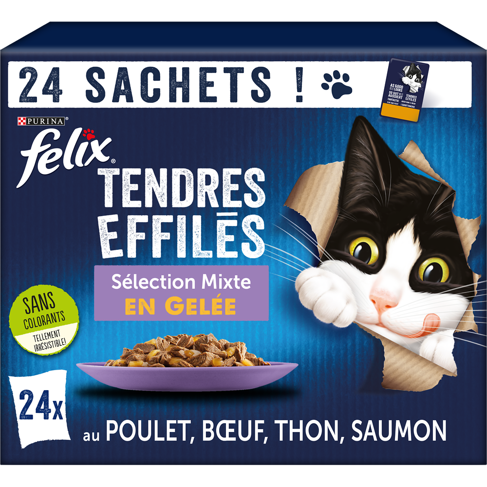 Sachets fraîcheur pour chat Tendres Effilés en Gelée Mixte FELIX - 24x85g