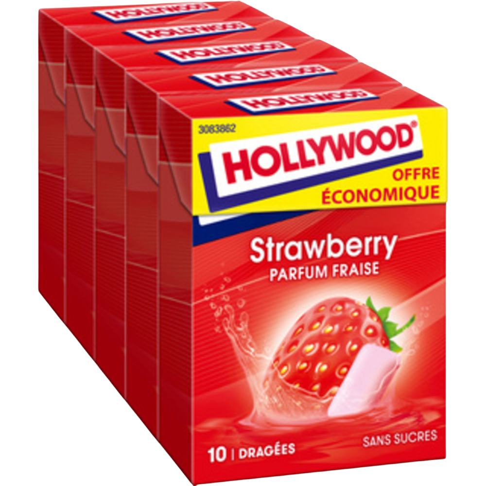 HOLLYWOOD fraise s/sucres, pack 5x10 dragées, 70g offre économique