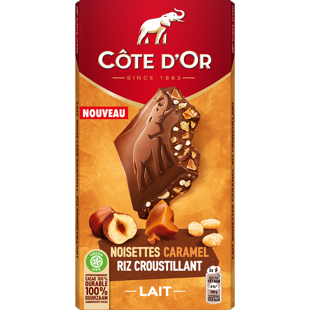 Chocolat Ultra Gourmand lait noisettes caramel riz COTE D'OR - Paquetde 170g