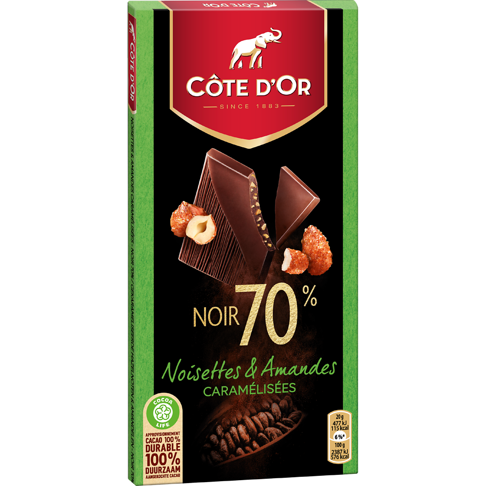 Chocolat noir 70% noisettes et amandes COTE D'OR - Tablette de 100g