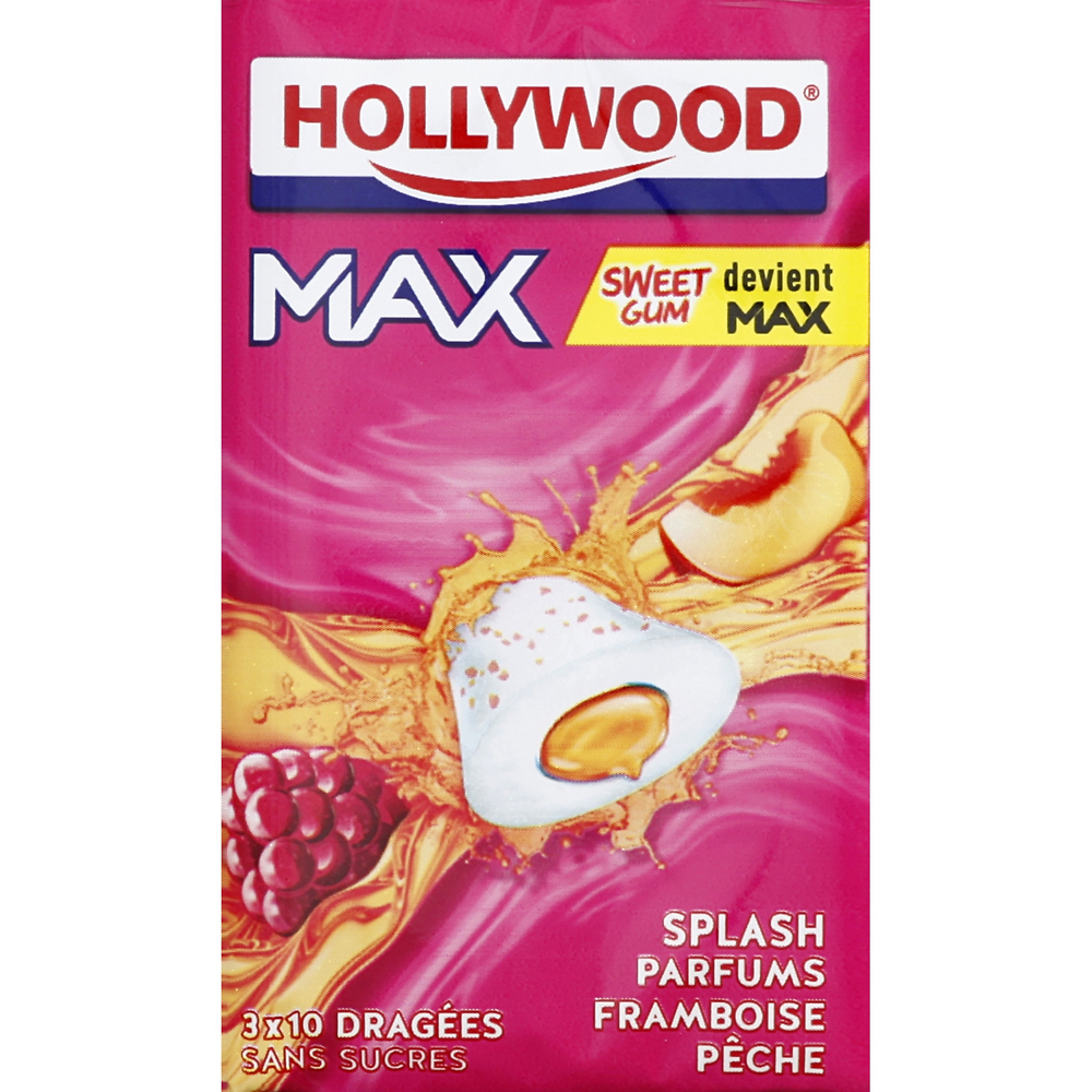 Chewing-gum HOLLYWOOD, max splash framboise pêche sans sucre lot de 3,66g