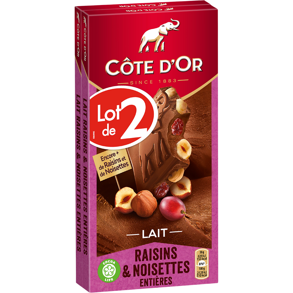 Chocolat au lait noisettes entières raisins CÔTE D'OR, 2 tablettes de180g