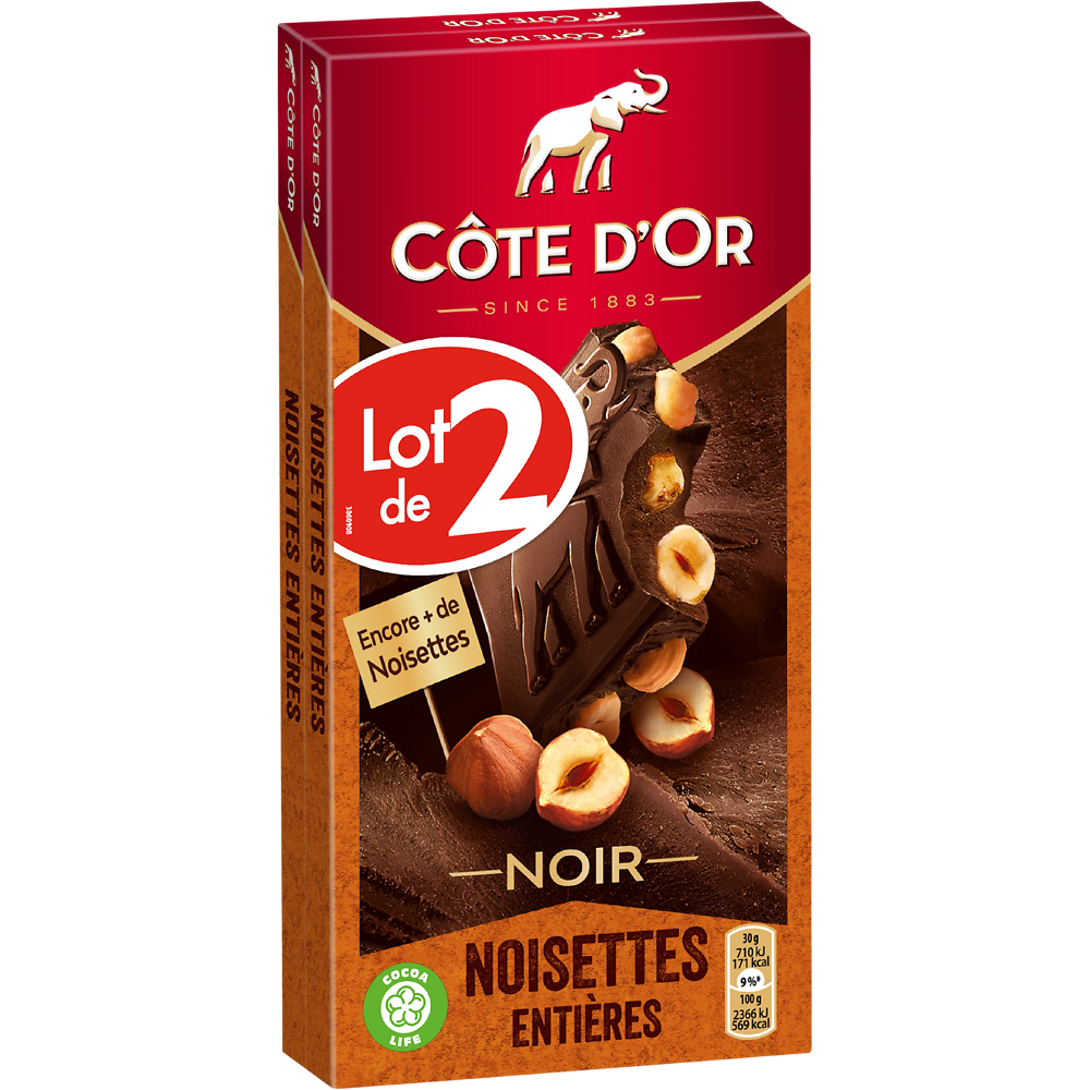 Chocolat noir noisettes entières CÔTE D'OR, 2 tablettes de 180g