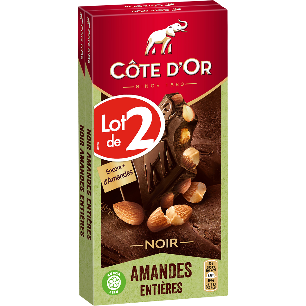 Chocolat noir amandes entières CÔTE D'OR, 2 tablettes de 180g