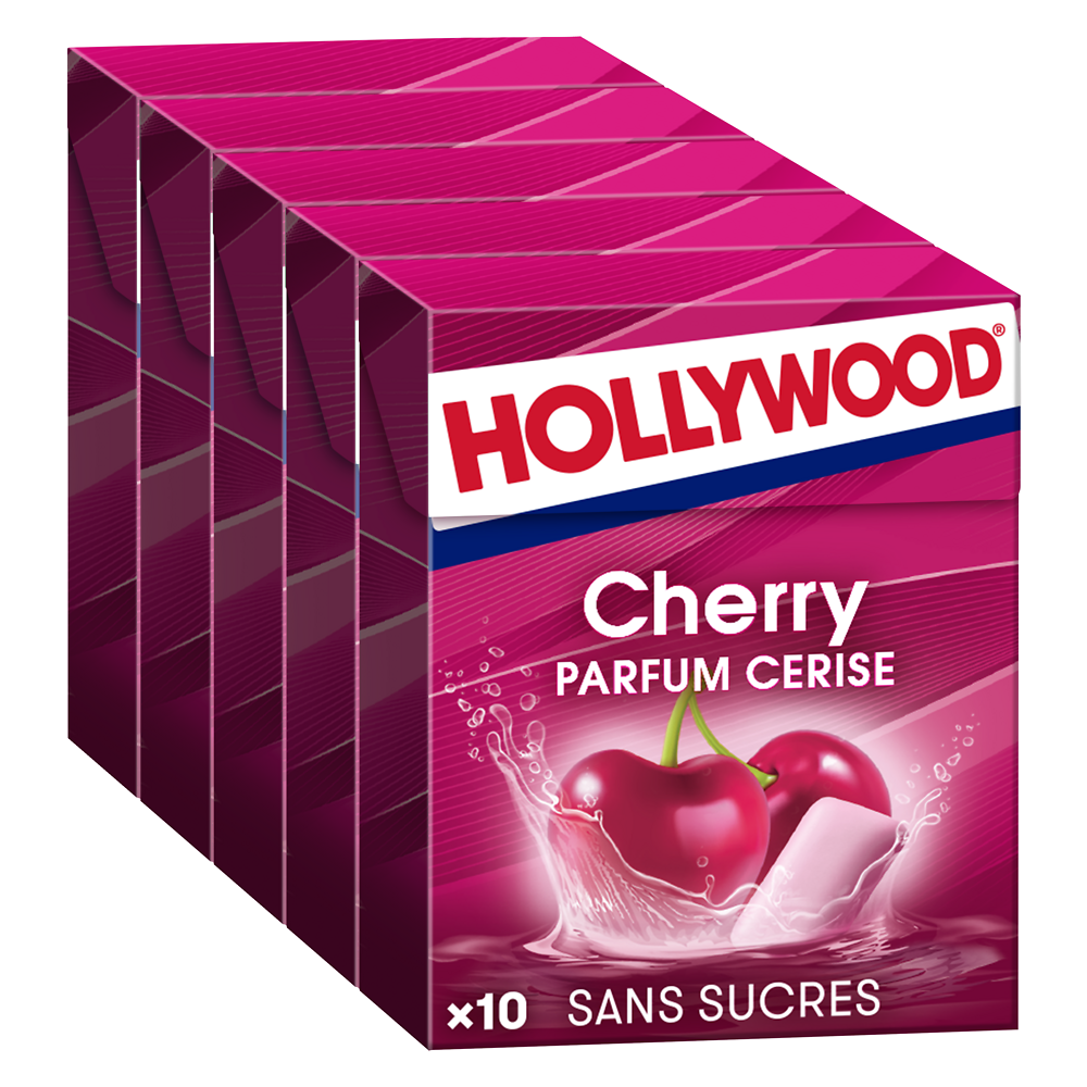 Chewing gum sans sucres parfum cerise HOLLYWOOD, 5x10 dragées, 70g