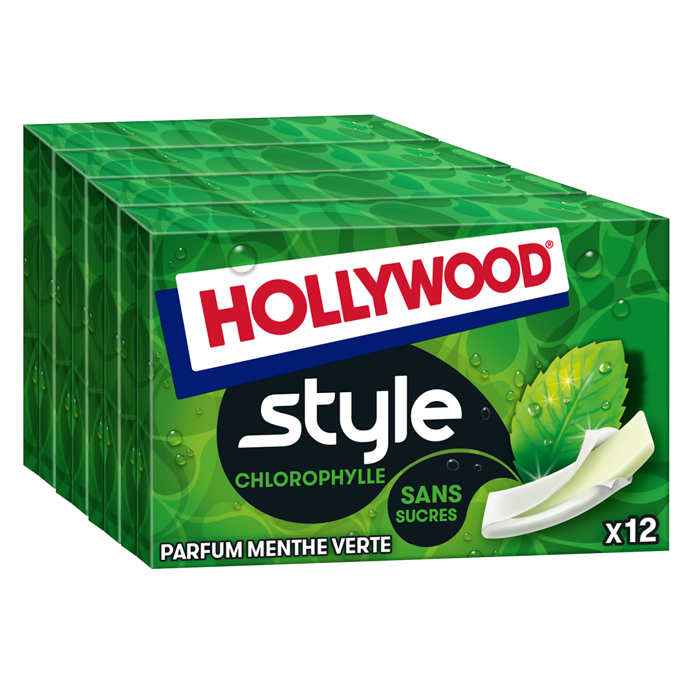 Chewing-gum style menthe verte sans sucres HOLLYWOOD, 4 boîtes de 92g