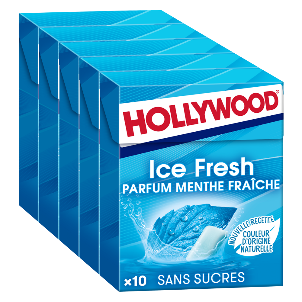 Chewing-gum HOLLYWOOD ice fresh, sans sucres pentapack 5x10 dragées, 70g