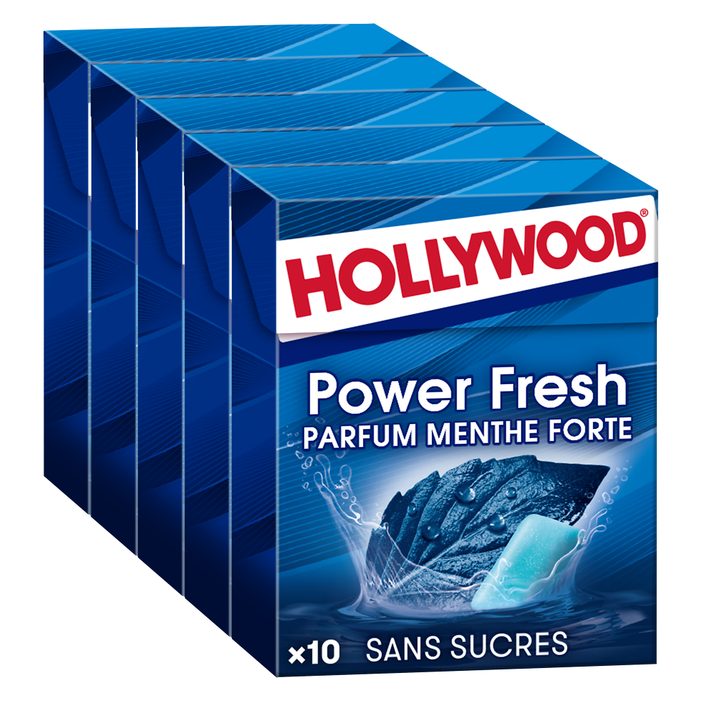 Chewing-gum HOLLYWOOD Powerfresh, sans sucres pentapack, 5x10 dragées,70g