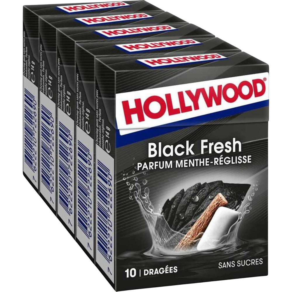 Chewing-gum HOLLYWOOD black fresh, sans sucres, 5x10 dragées, 70g