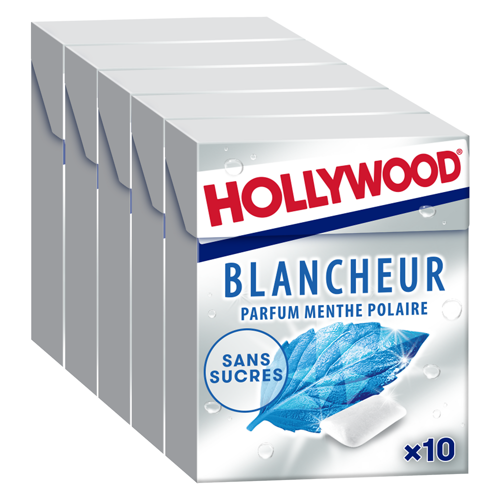 Chewing-gum HOLLYWOOD blancheur menthe polaire, sans sucres, 5x10 dragées, 70g