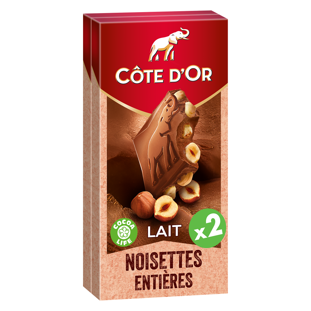 Chocolat au lait noisettes entières COTE D'OR - 2 tablettes de 180g