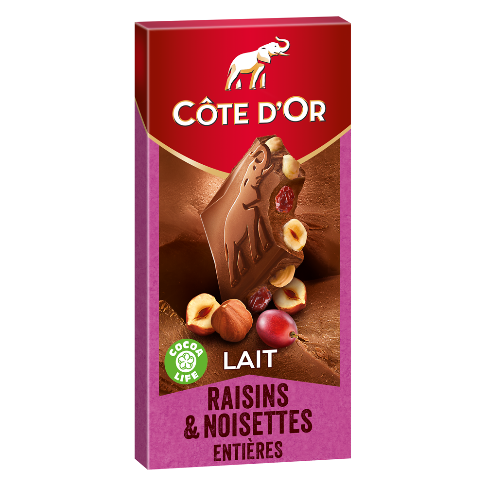 Chocolat au lait noisettes entières raisins COTE D'OR - Tablette de 180g