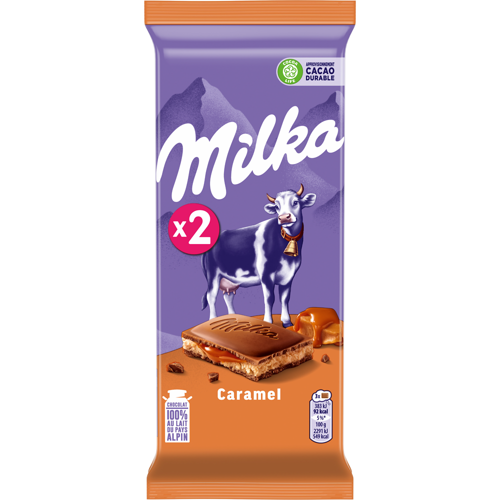 Chocolat au lait fourré de caramel fondant MILKA - 2 tablettes de 100g