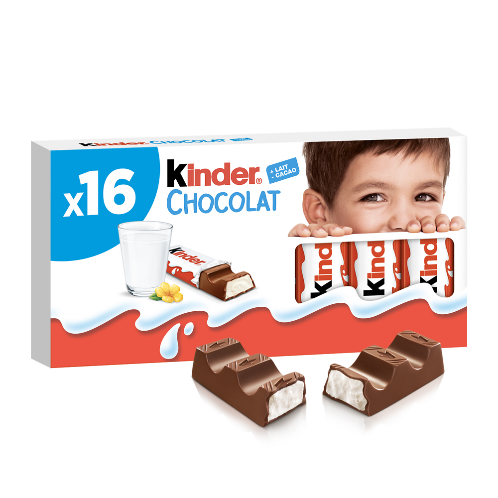 Barres chocolat au lait KINDER, x16 soit Tablette de 200g