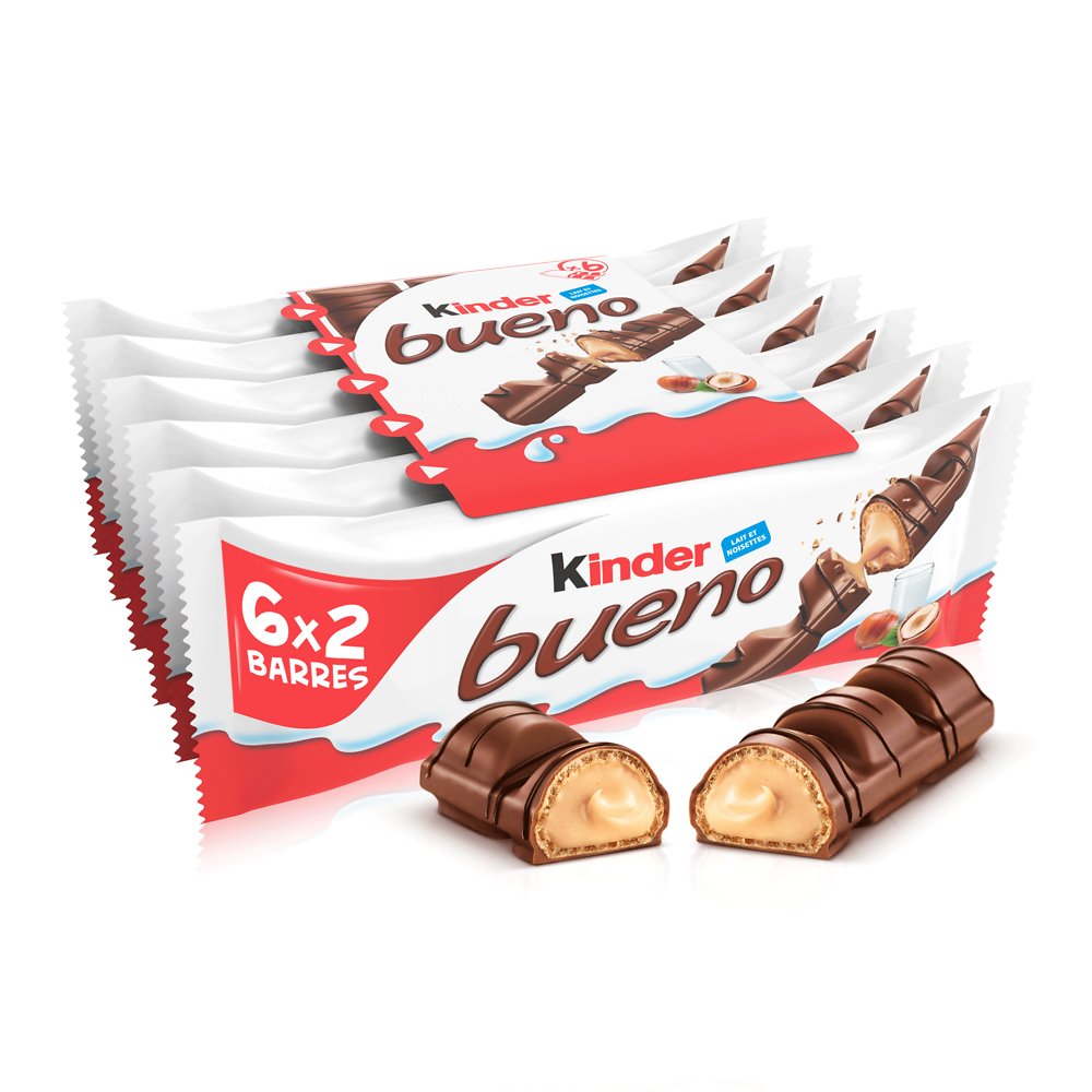 Fines gaufrettes chocolat fourrées lait noisettes KINDER Bueno, 6x2barres, 258g