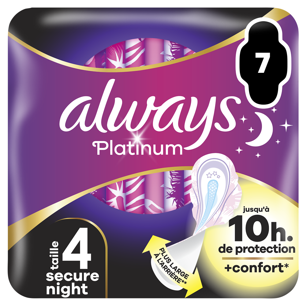 Serviettes hygiéniques avec ailettes ALWAYS platinum secure night, taille4, x7