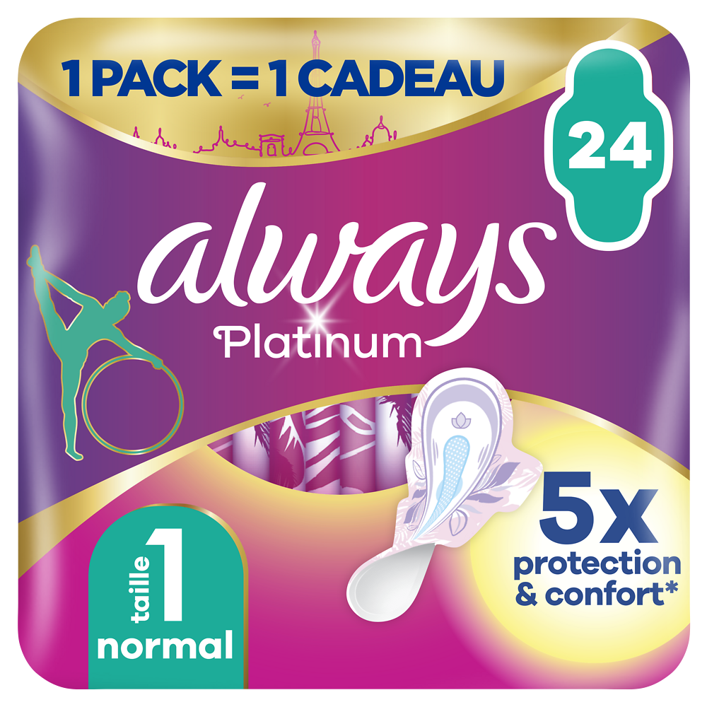 Serviettes hygiéniques platinium normal + ALWAYS, sachet de 24