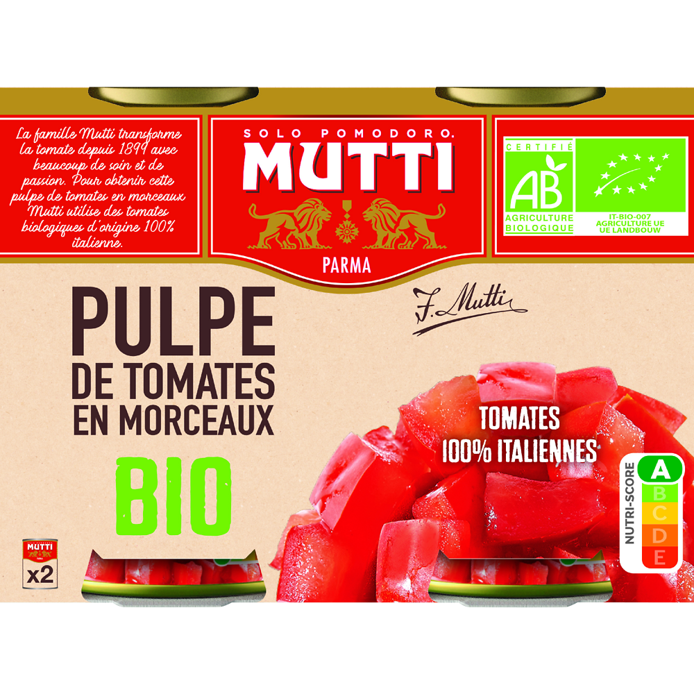 Pulpe de tomate en morceaux bio MUTTI, boîte 2x400g