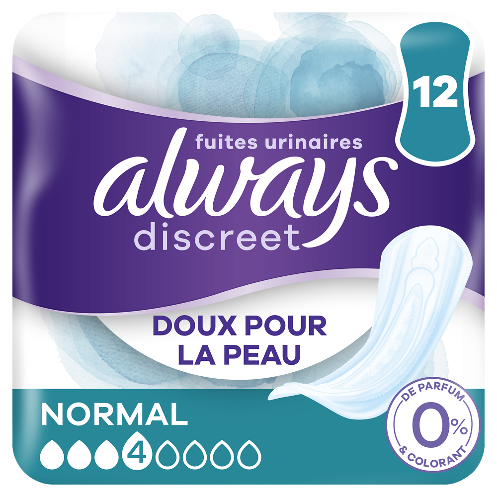 Serviettes hygiéniques discreet fuites urinaires 0% normal ALWAYS x12