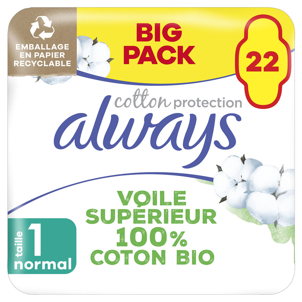 Serviettes hygiéniques cotton protection normal av.ailettes ALWAYS x22