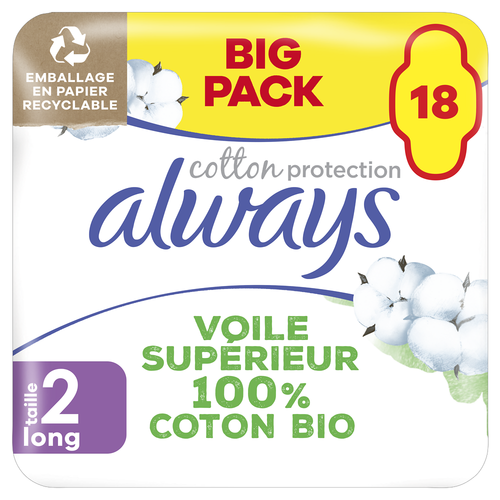 Serviettes hygiéniques cotton protection long avec ailettes ALWAYS x18