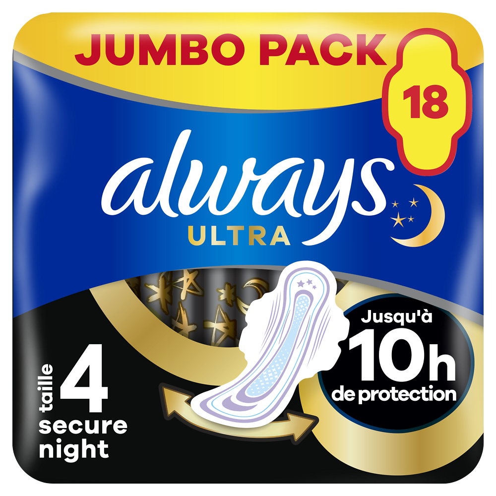 Serviettes secure night taille 4 ailettes ALWAYS ULTRA TAMPAX x18