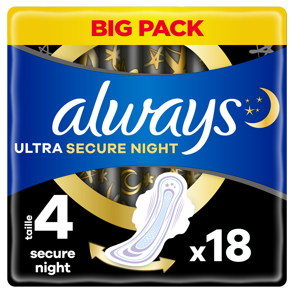 Serviettes ultra secure night ALWAYS taille 4 ailettes x18