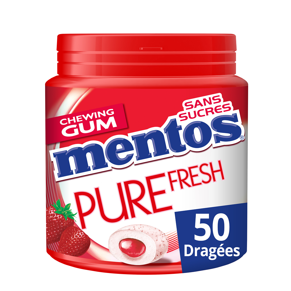 Chewing-gum sans sucre pure fresh goût fraise MENTOS, boîte de 50 dragées soit 100g