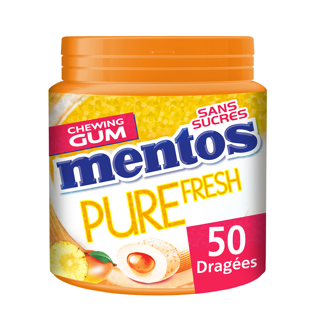 Chewing-gum sans sucre goût tropical MENTOS, boîte de 50 dragées soit100g