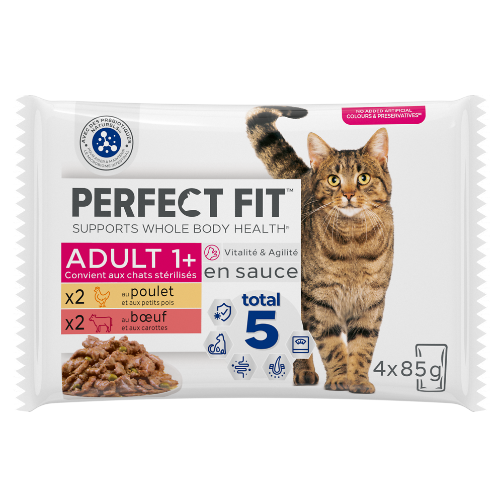 Sachets fraîcheur chat stérilisé poulet et boeuf en sauce PERFECT FIT- 4x85g