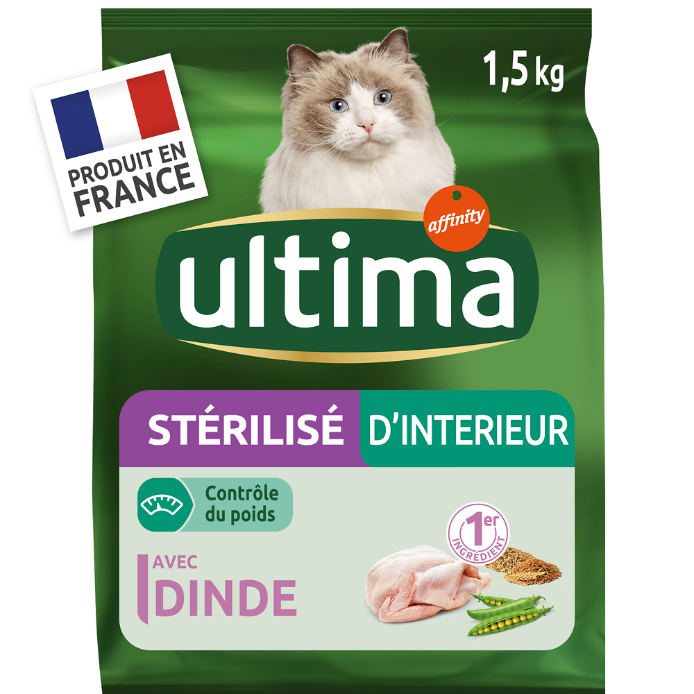 Croquettes pour chats stérilisés d'intérieur ULTIMA, 1,5kg