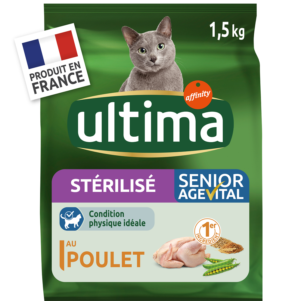 Croquettes pour chats stérilisés de +10 ans ULTIMA, 1,5kg