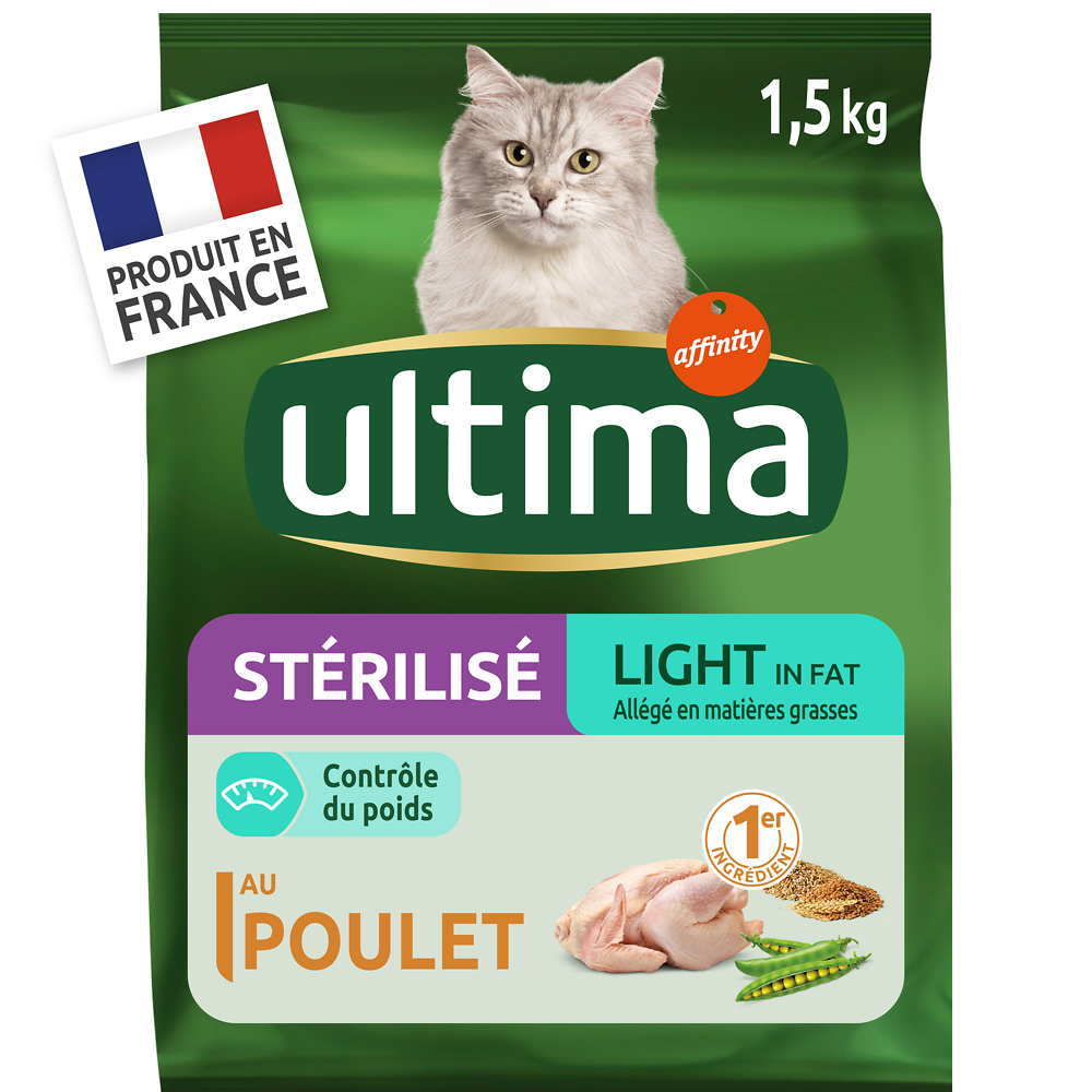 Croquettes poulet chats stérilisés light ULTIMA, 1,5kg