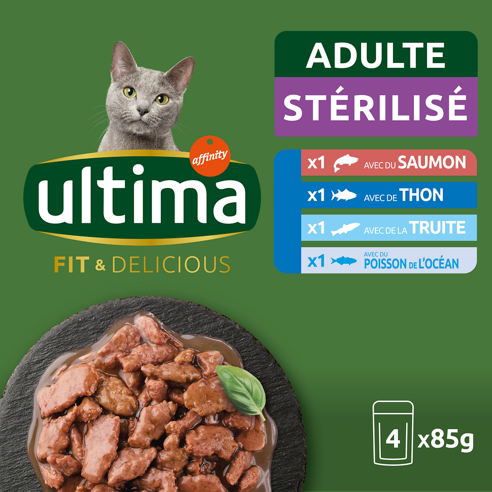 Sachets fraîcheur pour chats stérilisés saumon/thon/truite&poissons del'océan ULTIMA - 4x85g