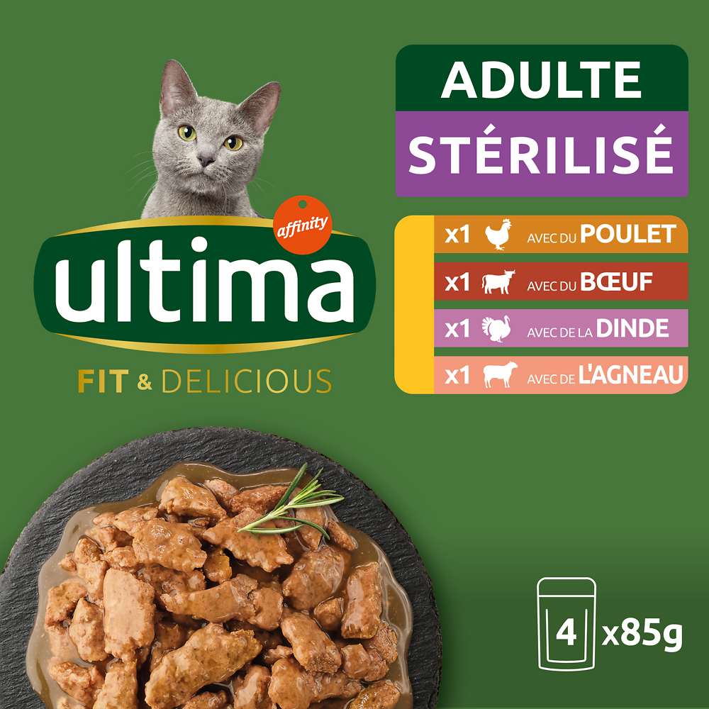 Sachets fraîcheur pour chats stérilisés poulet/dinde/boeuf&agneau ULTIMA - 4x85g