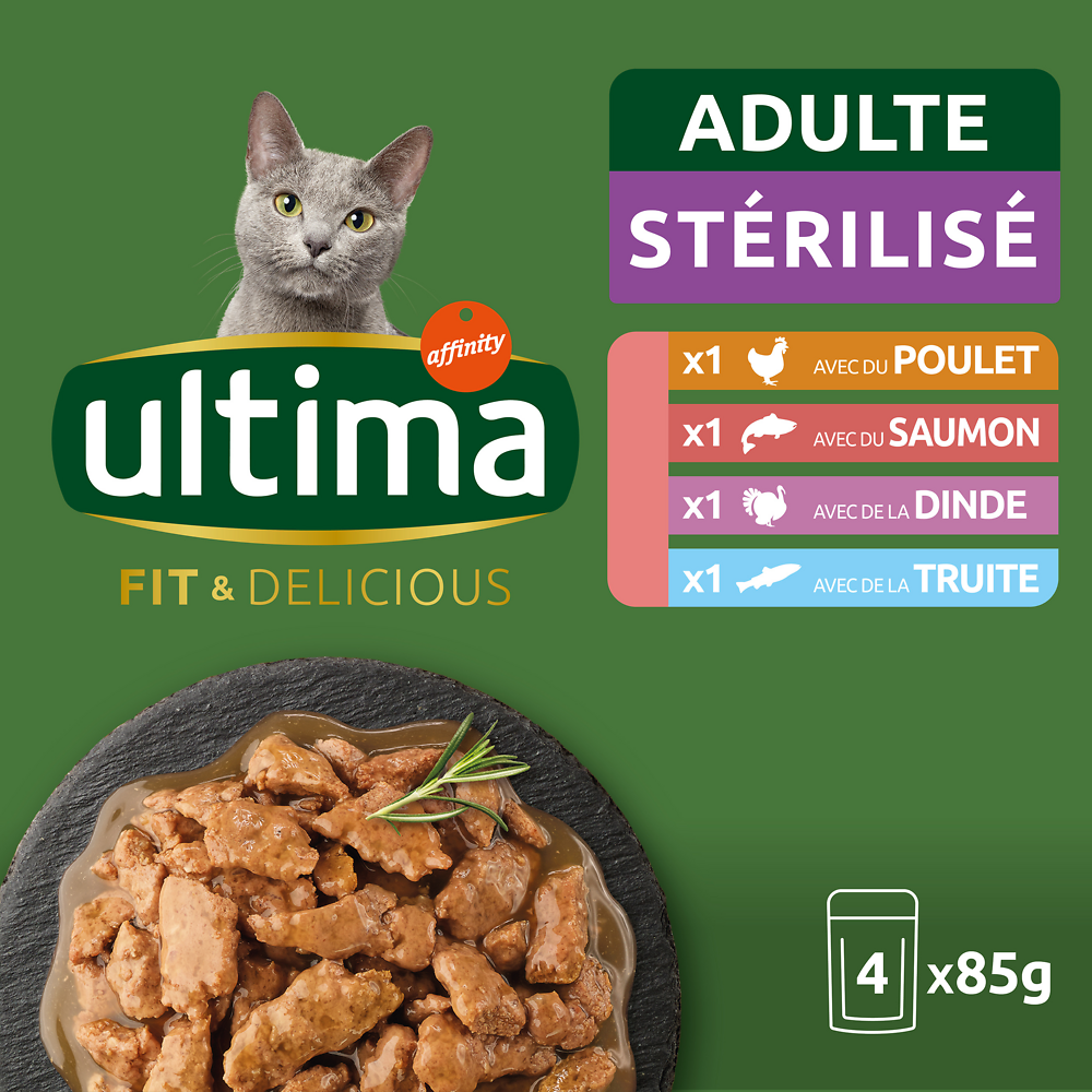 Sachets fraîcheur pour chats stérilisés Bouchées poulet/dinde/saumon&truite ULTIMA - 4x85g