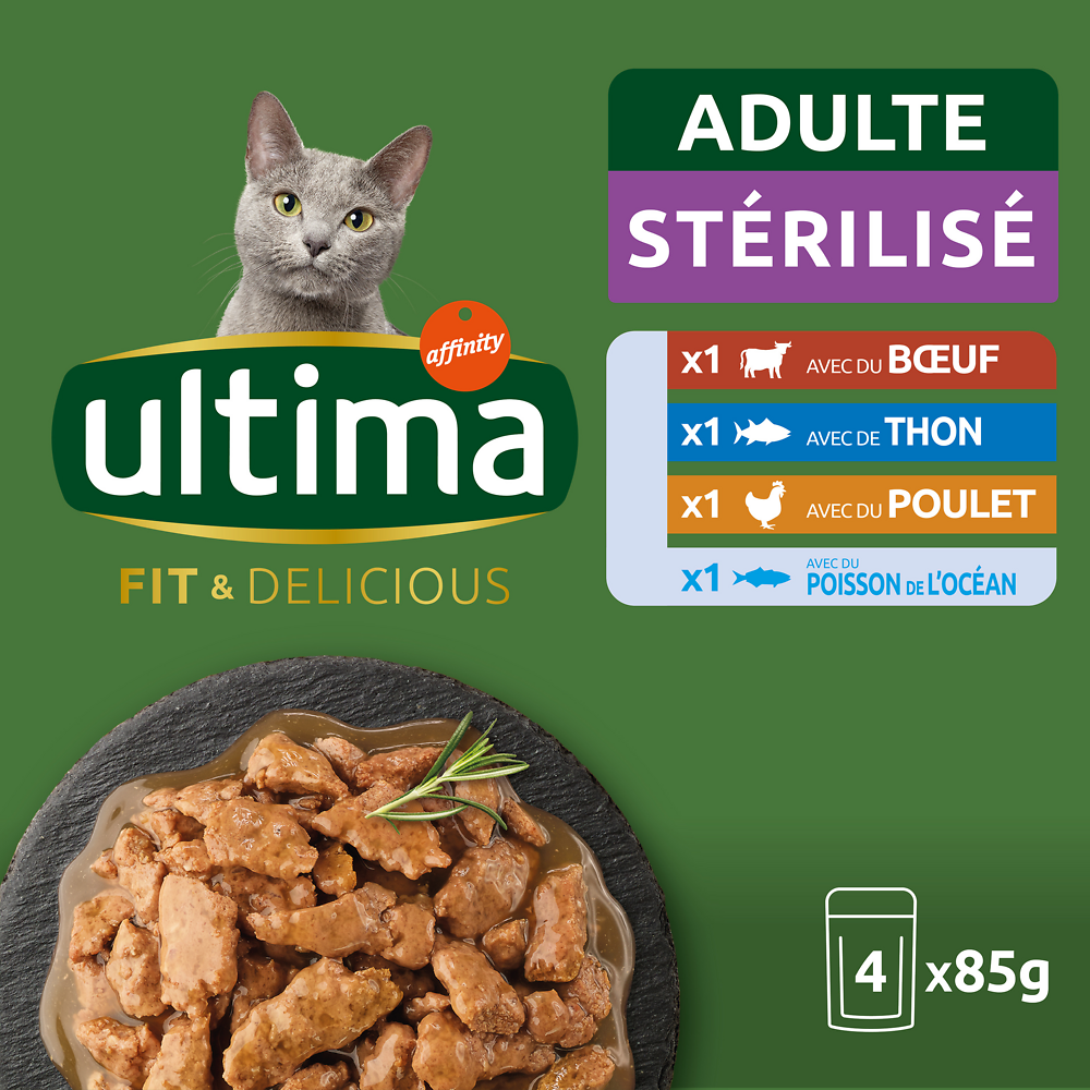 Sachets fraîcheur pour chats stérilisés poulet/boeuf/thon&poissons del'océan ULTIMA - 4x85g