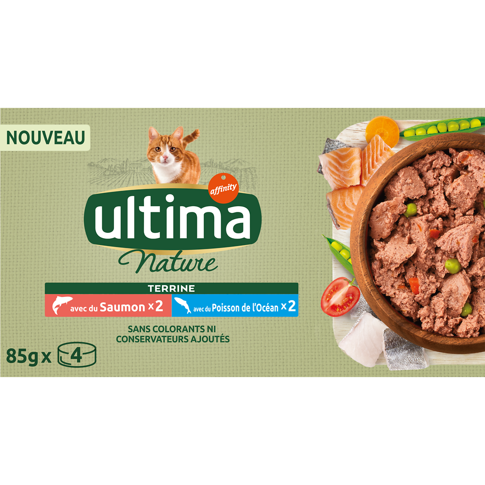 Sachets fraîcheur pour chat mono conserve repas Saumon et Poisson de l'océan ULTIMA NATURE, 4x85g