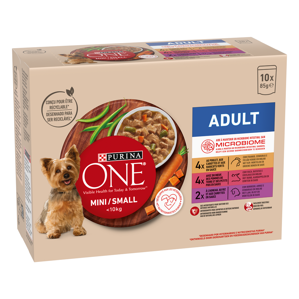 Pâtée pour petit chien (1-10kg) boeuf poulet agneau PURINA ONE portion10x85g