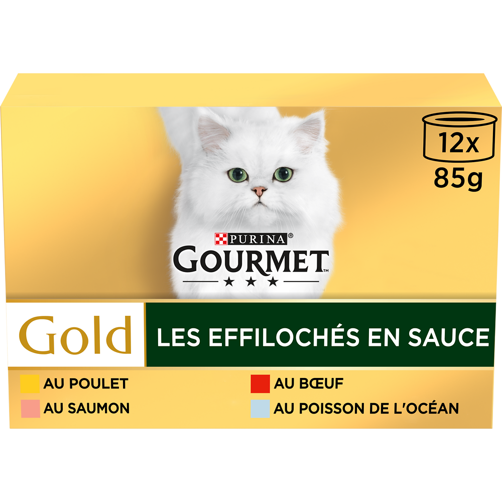 Sachets fraîcheur pour chat Les Effilochés en Sauce GOURMET GOLD, 12x85g