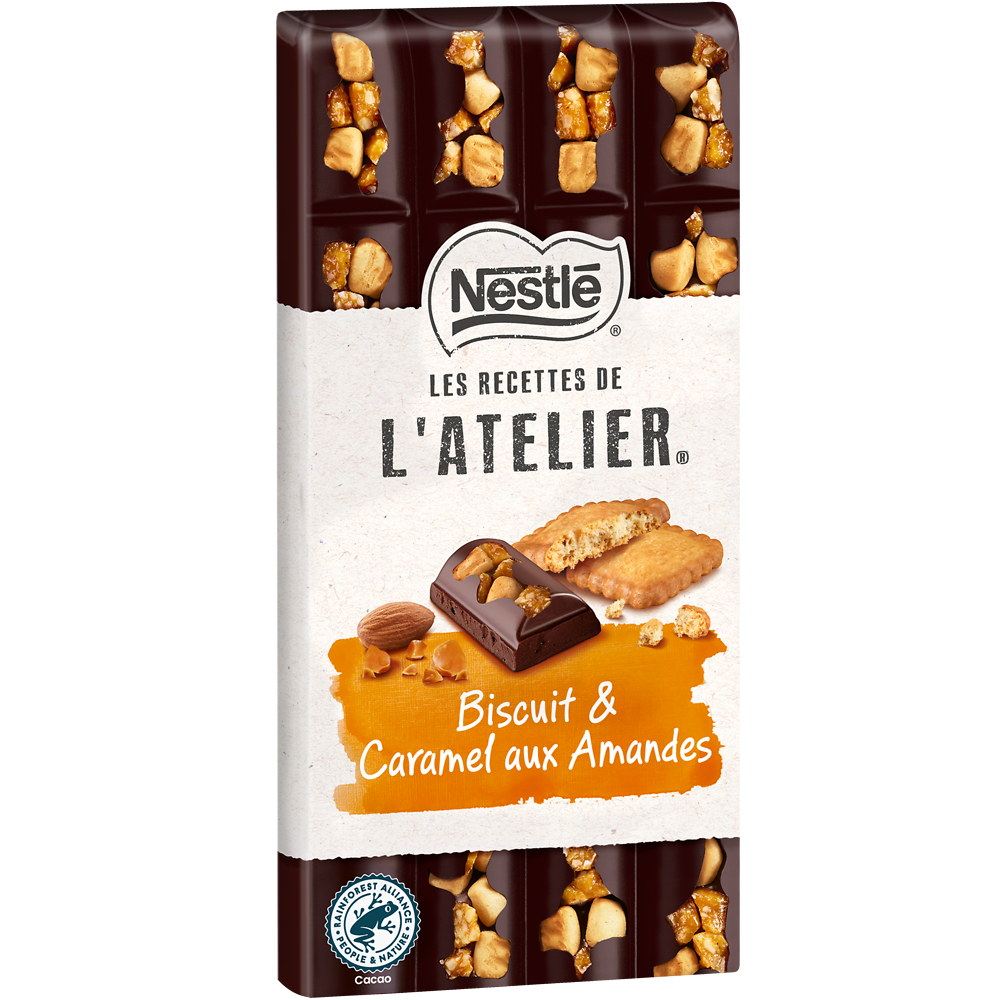 Chocolat noir extra fin biscuit et caramel aux amandes LES RECETTES DEL'ATELIER, tablette de 170g