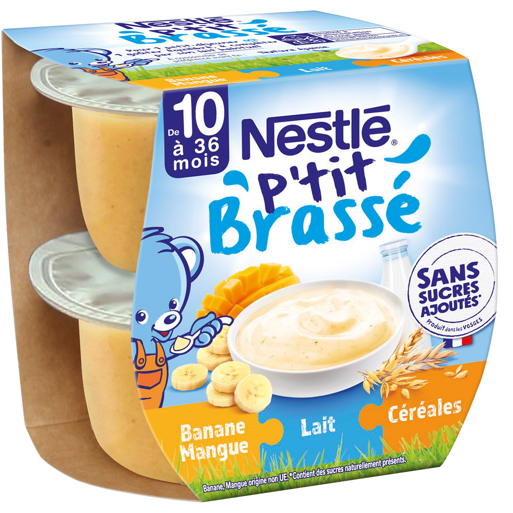 Desserts lactés P'TIT BRASSE 3 EN 1 Banane mangue 10M+ NESTLE - 2x115g